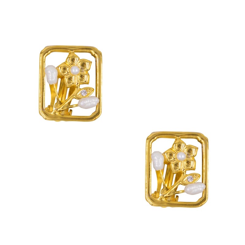 Σκουλαρίκια με λευκά μαργαριτάρια και βάση από ατσάλι με κλιπ - F126876